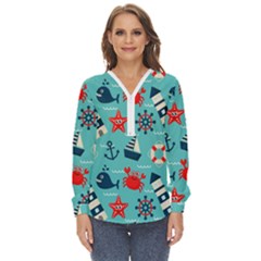 Seamless-pattern-nautical-icons-cartoon-style Zip Up Long Sleeve Blouse