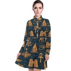 Dark-seamless-pattern-symbols-landmarks-signs-egypt Long Sleeve Chiffon Shirt Dress