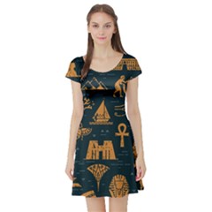 Dark-seamless-pattern-symbols-landmarks-signs-egypt Short Sleeve Skater Dress