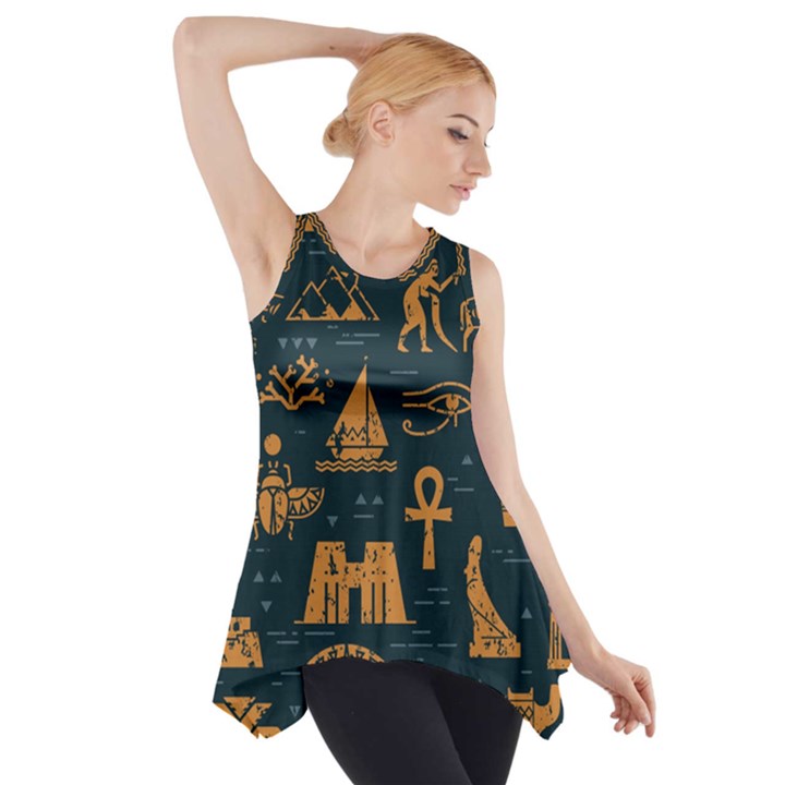 Dark-seamless-pattern-symbols-landmarks-signs-egypt Side Drop Tank Tunic