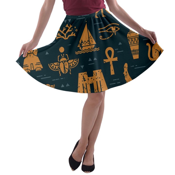 Dark-seamless-pattern-symbols-landmarks-signs-egypt A-line Skater Skirt