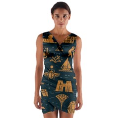 Dark-seamless-pattern-symbols-landmarks-signs-egypt Wrap Front Bodycon Dress