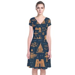 Dark-seamless-pattern-symbols-landmarks-signs-egypt Short Sleeve Front Wrap Dress