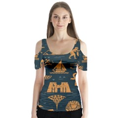 Dark-seamless-pattern-symbols-landmarks-signs-egypt Butterfly Sleeve Cutout Tee 