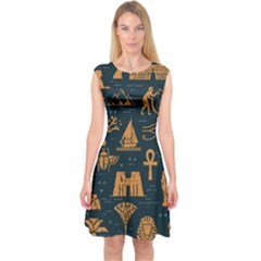 Dark-seamless-pattern-symbols-landmarks-signs-egypt Capsleeve Midi Dress