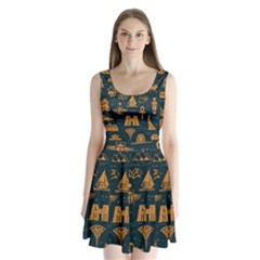 Dark-seamless-pattern-symbols-landmarks-signs-egypt Split Back Mini Dress 