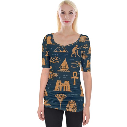 Dark-seamless-pattern-symbols-landmarks-signs-egypt Wide Neckline Tee by Jancukart