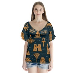 Dark-seamless-pattern-symbols-landmarks-signs-egypt V-neck Flutter Sleeve Top