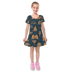 Dark-seamless-pattern-symbols-landmarks-signs-egypt Kids  Short Sleeve Velvet Dress