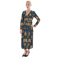 Dark-seamless-pattern-symbols-landmarks-signs-egypt Velvet Maxi Wrap Dress