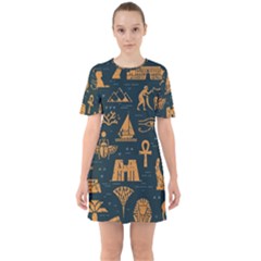 Dark-seamless-pattern-symbols-landmarks-signs-egypt Sixties Short Sleeve Mini Dress by Jancukart