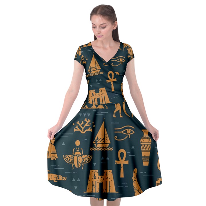 Dark-seamless-pattern-symbols-landmarks-signs-egypt Cap Sleeve Wrap Front Dress