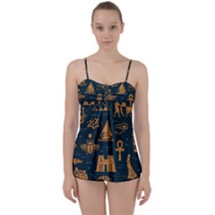 Dark-seamless-pattern-symbols-landmarks-signs-egypt Babydoll Tankini Set