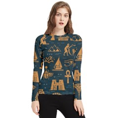 Dark-seamless-pattern-symbols-landmarks-signs-egypt Women s Long Sleeve Rash Guard