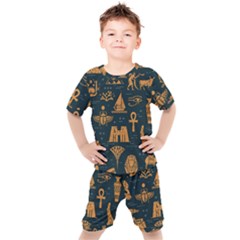 Dark-seamless-pattern-symbols-landmarks-signs-egypt Kids  Tee And Shorts Set