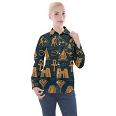 Dark-seamless-pattern-symbols-landmarks-signs-egypt Women s Long Sleeve Pocket Shirt