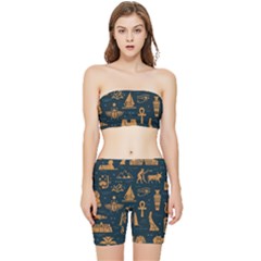 Dark-seamless-pattern-symbols-landmarks-signs-egypt Stretch Shorts And Tube Top Set