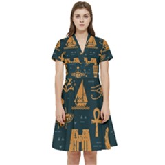 Dark-seamless-pattern-symbols-landmarks-signs-egypt Short Sleeve Waist Detail Dress