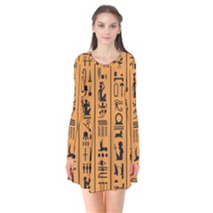 Egyptian-hieroglyphs-ancient-egypt-letters-papyrus-background-vector-old-egyptian-hieroglyph-writing Long Sleeve V-neck Flare Dress by Jancukart