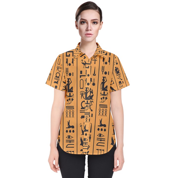 Egyptian-hieroglyphs-ancient-egypt-letters-papyrus-background-vector-old-egyptian-hieroglyph-writing Women s Short Sleeve Shirt