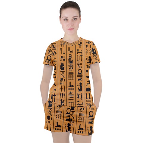 Egyptian-hieroglyphs-ancient-egypt-letters-papyrus-background-vector-old-egyptian-hieroglyph-writing Women s Tee And Shorts Set by Jancukart