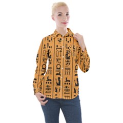 Egyptian-hieroglyphs-ancient-egypt-letters-papyrus-background-vector-old-egyptian-hieroglyph-writing Women s Long Sleeve Pocket Shirt