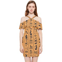 Egyptian-hieroglyphs-ancient-egypt-letters-papyrus-background-vector-old-egyptian-hieroglyph-writing Shoulder Frill Bodycon Summer Dress by Jancukart