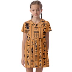 Egyptian-hieroglyphs-ancient-egypt-letters-papyrus-background-vector-old-egyptian-hieroglyph-writing Kids  Asymmetric Collar Dress by Jancukart