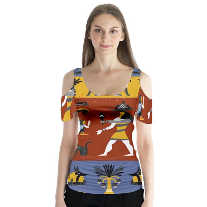 Ancient-egyptian-religion-seamless-pattern Butterfly Sleeve Cutout Tee 