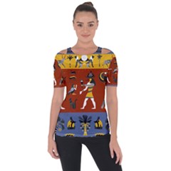 Ancient-egyptian-religion-seamless-pattern Shoulder Cut Out Short Sleeve Top