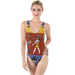 Ancient-egyptian-religion-seamless-pattern High Leg Strappy Swimsuit