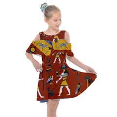 Ancient-egyptian-religion-seamless-pattern Kids  Shoulder Cutout Chiffon Dress