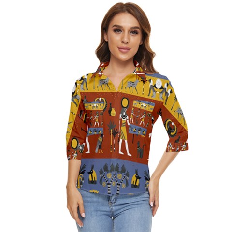 Ancient-egyptian-religion-seamless-pattern Women s Quarter Sleeve Pocket Shirt by Jancukart