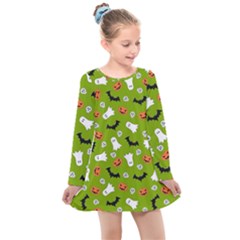 Pattern Seamless Halloween Fall Kids  Long Sleeve Dress by Wegoenart