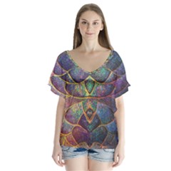 Dragon Fractal Pattern Texture V-neck Flutter Sleeve Top by Wegoenart