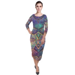 Dragon Fractal Pattern Texture Quarter Sleeve Midi Velour Bodycon Dress by Wegoenart