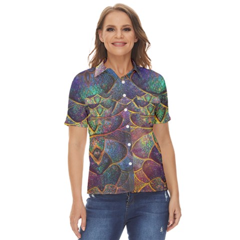 Dragon Fractal Pattern Texture Women s Short Sleeve Double Pocket Shirt by Wegoenart