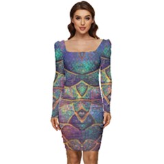 Dragon Fractal Pattern Texture Women Long Sleeve Ruched Stretch Jersey Dress by Wegoenart