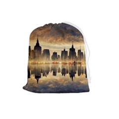 Manhattan Skyline Sunset Nyc Drawstring Pouch (large) by Wegoenart