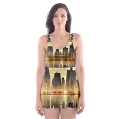 Manhattan Skyline Sunset Nyc Skater Dress Swimsuit by Wegoenart