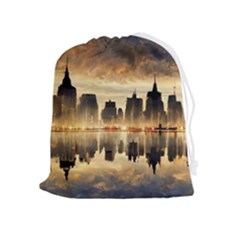 Manhattan Skyline Sunset Nyc Drawstring Pouch (xl) by Wegoenart