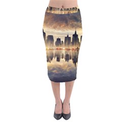 Manhattan Skyline Sunset Nyc Velvet Midi Pencil Skirt by Wegoenart