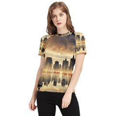 Manhattan Skyline Sunset Nyc Women s Short Sleeve Rash Guard by Wegoenart