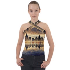 Manhattan Skyline Sunset Nyc Cross Neck Velour Top by Wegoenart