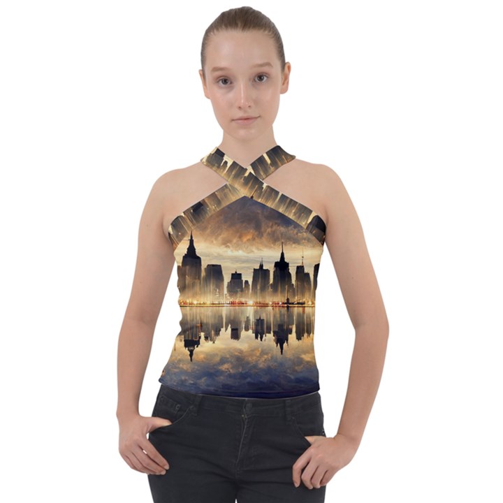 Manhattan Skyline Sunset Nyc Cross Neck Velour Top