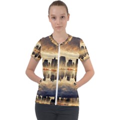 Manhattan Skyline Sunset Nyc Short Sleeve Zip Up Jacket by Wegoenart