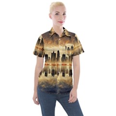 Manhattan Skyline Sunset Nyc Women s Short Sleeve Pocket Shirt