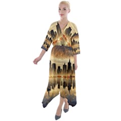 Manhattan Skyline Sunset Nyc Quarter Sleeve Wrap Front Maxi Dress by Wegoenart