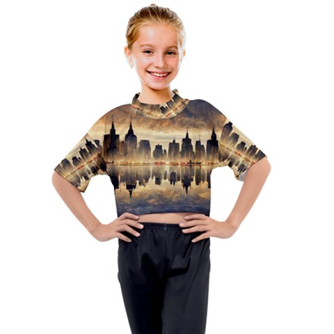 Manhattan Skyline Sunset Nyc Kids Mock Neck Tee by Wegoenart