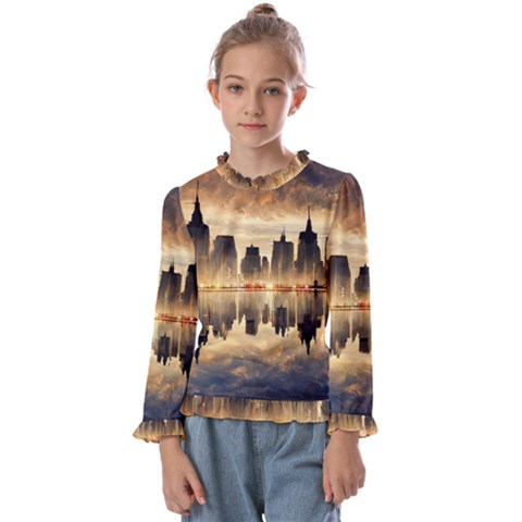 Manhattan Skyline Sunset Nyc Kids  Frill Detail Tee by Wegoenart